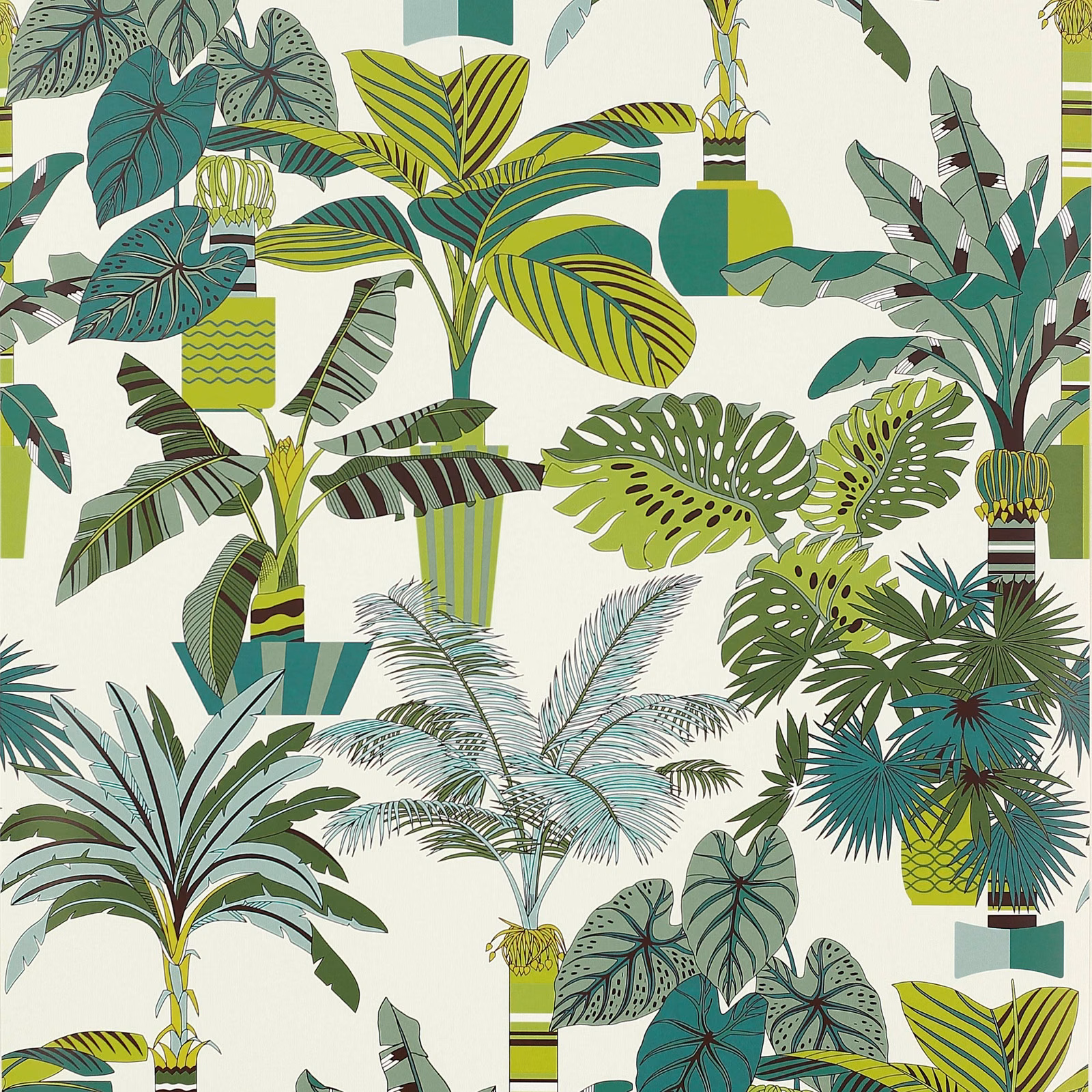 Lagon wallpaper with teal, lime and leafy-green tropical foliage on a pale ground