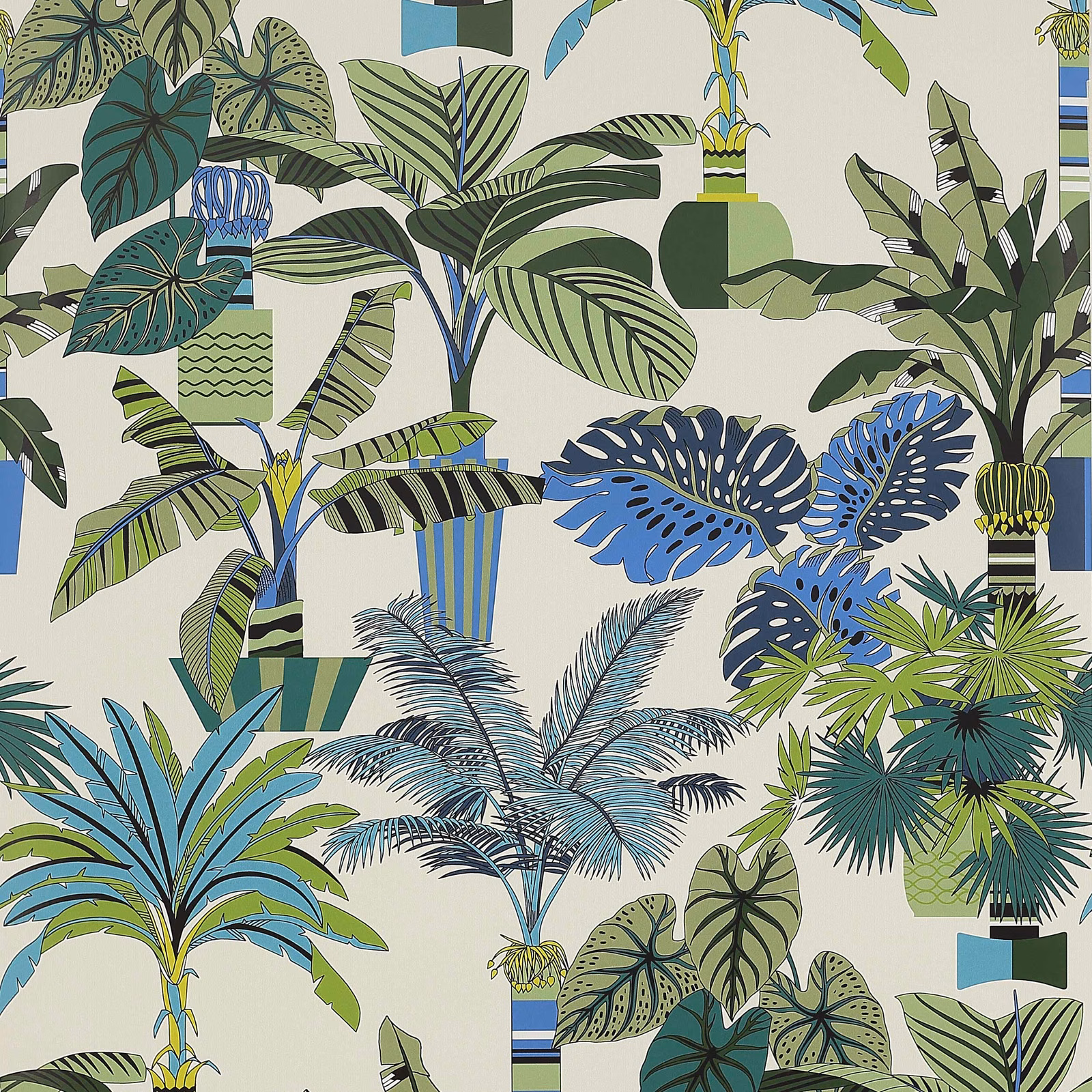 Marine blue tropical leaves and palms on a pale botanical wallpaper ground