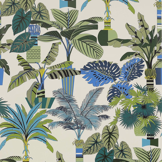 Marine blue tropical leaves and palms on a pale botanical wallpaper ground
