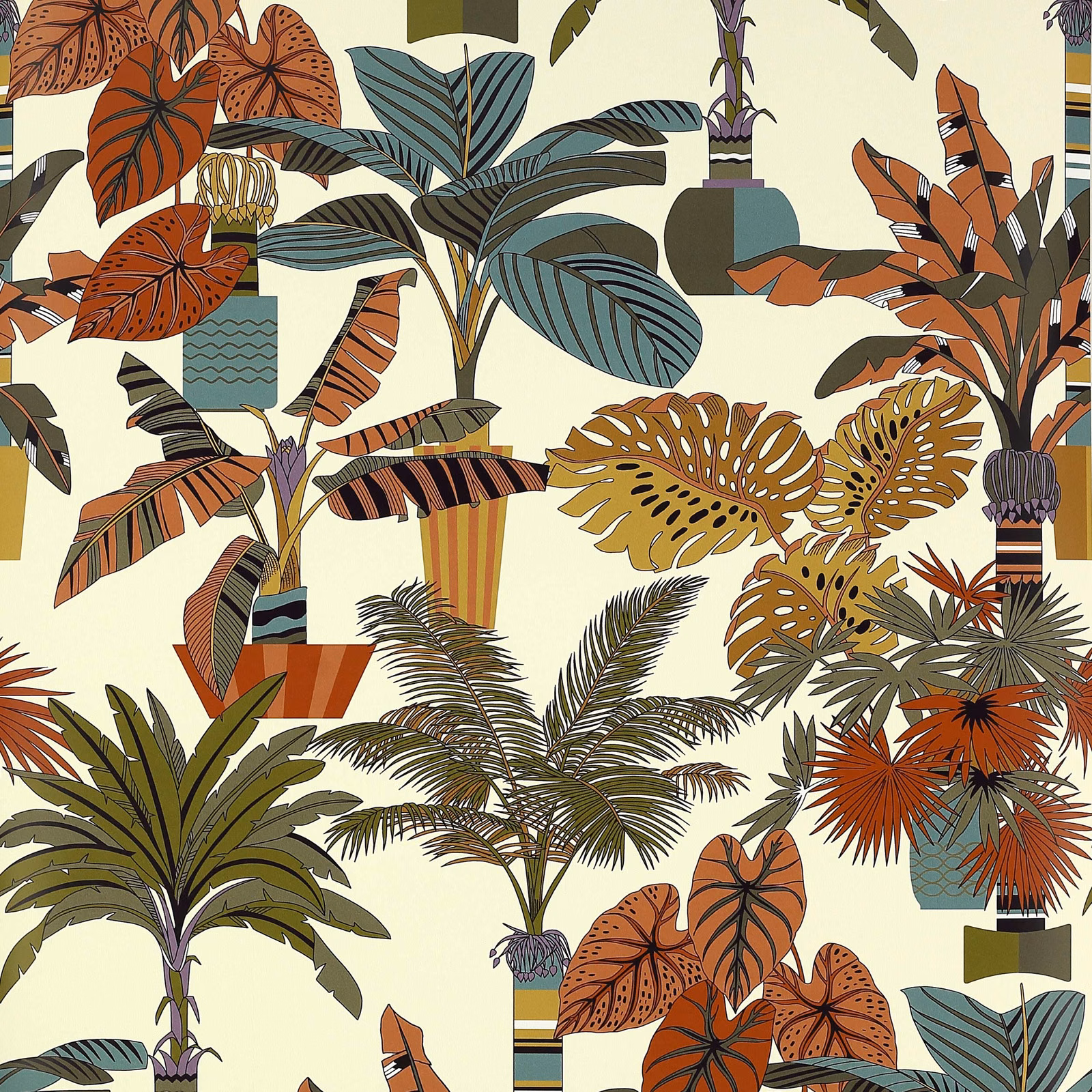 Cream botanical wallpaper with rust palms, olive foliage and muted teal leaves