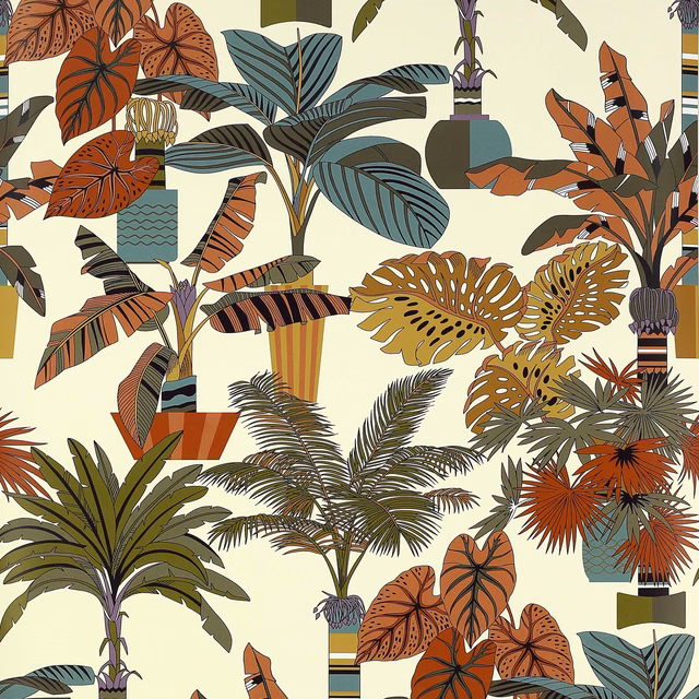 Cream botanical wallpaper with rust palms, olive foliage and muted teal leaves