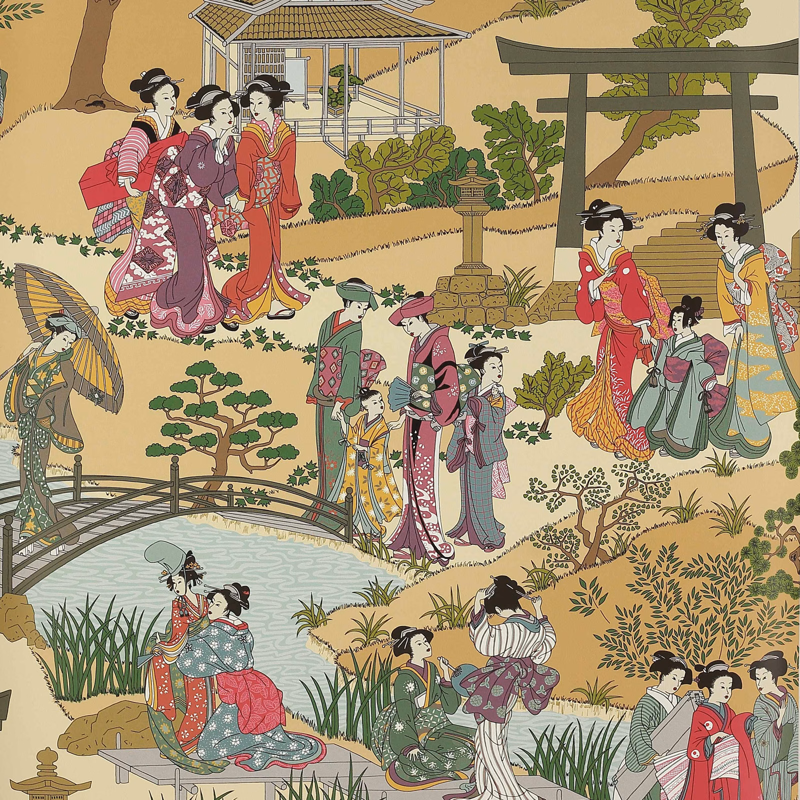 Warm ochre Japanese garden wallpaper with geishas, torii gate, pond and clipped pines