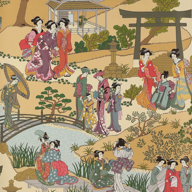 Warm ochre Japanese garden wallpaper with geishas, torii gate, pond and clipped pines