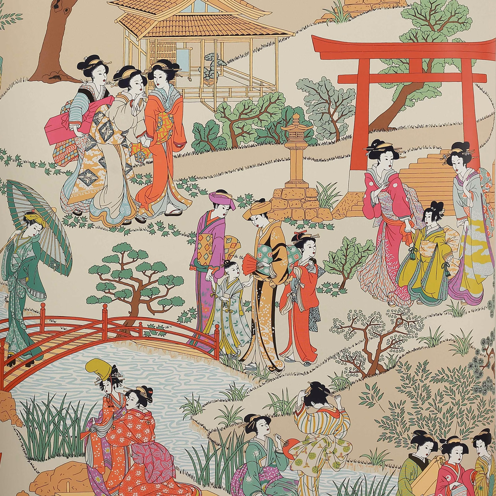 Fuchsia Japanese garden wallpaper with geishas, red torii, bridges and jade foliage