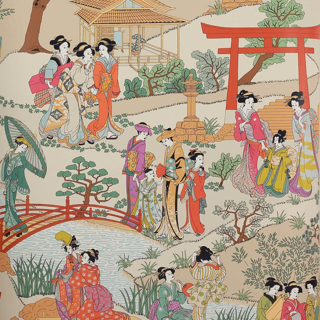 Fuchsia Japanese garden wallpaper with geishas, red torii, bridges and jade foliage