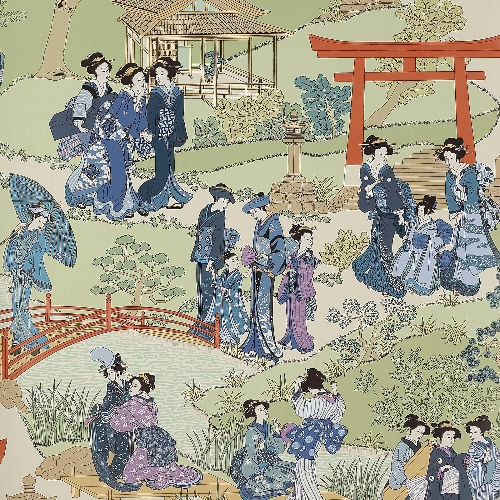 Sage wallpaper with indigo-clad figures, red torii gate and Japanese garden scene