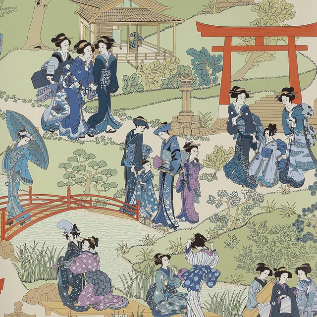 Sage wallpaper with indigo-clad figures, red torii gate and Japanese garden scene