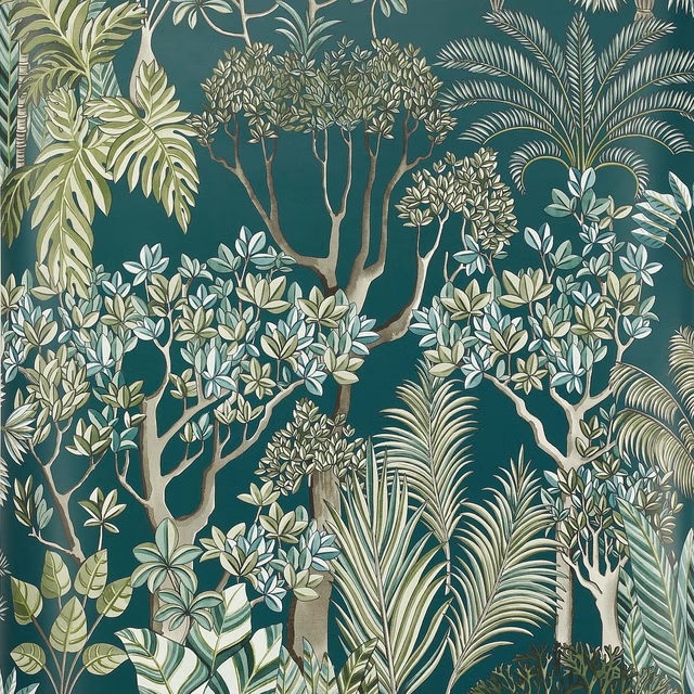 Deep teal botanical wallpaper with sage palms, cream foliage and branching trees