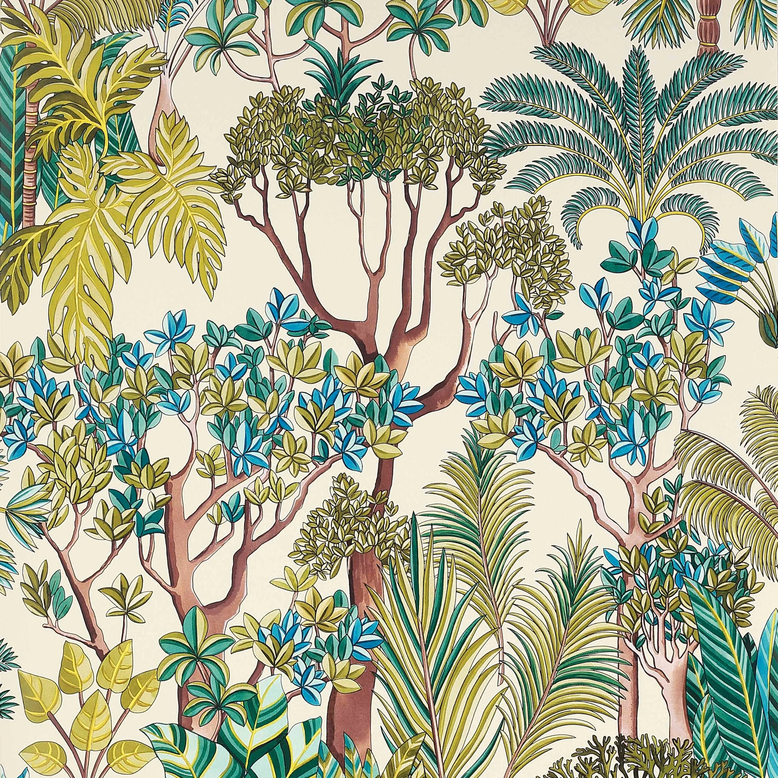 Turquoise and olive jungle foliage with brown branches on a warm cream ground