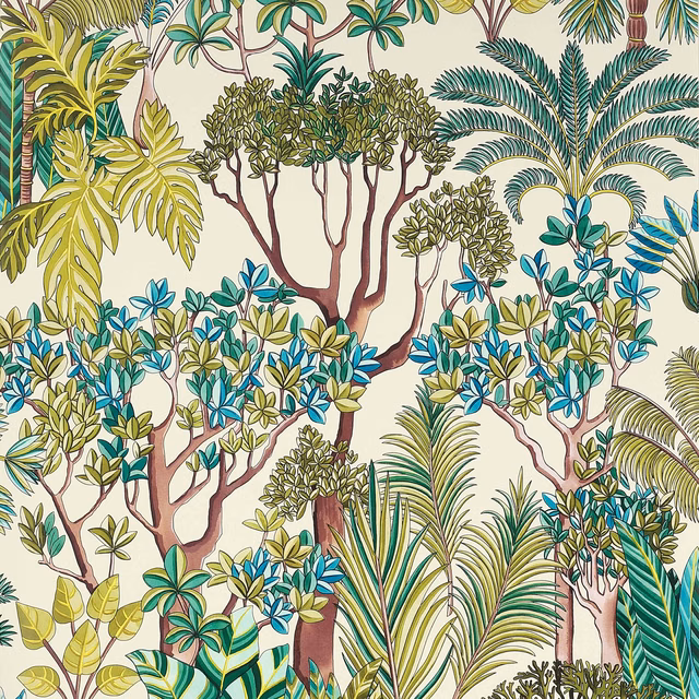 Turquoise and olive jungle foliage with brown branches on a warm cream ground