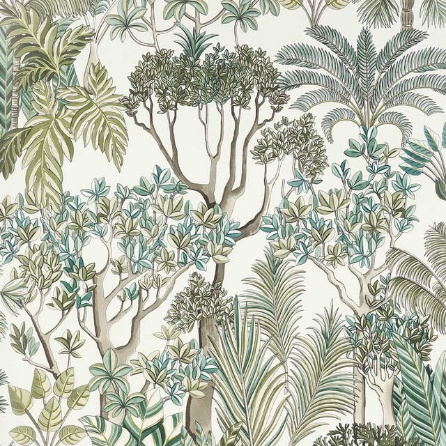 Muted sage, teal and olive botanical canopy on a warm ivory ground