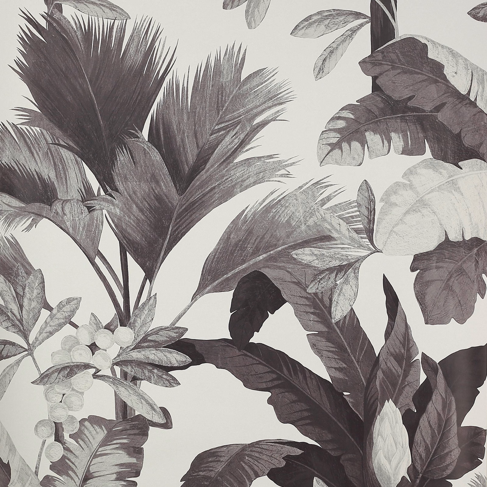 Charcoal and silver-grey tropical leaves on an ivory ground, shown in close-up