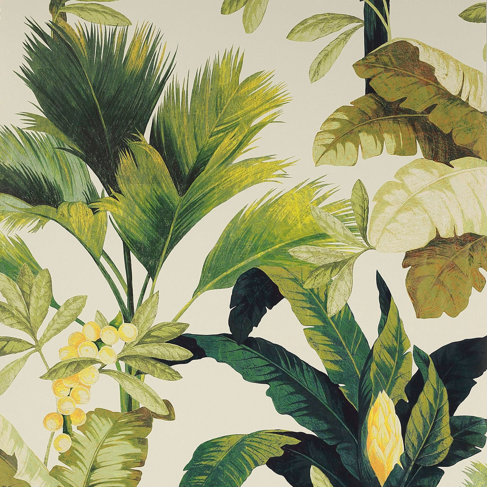 Lush khaki botanical wallpaper with dark palm fronds, pale leaves and yellow blooms