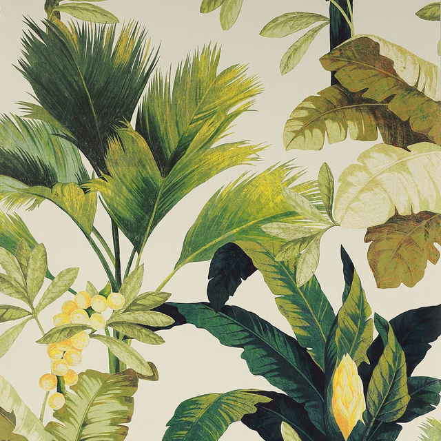 Lush khaki botanical wallpaper with dark palm fronds, pale leaves and yellow blooms
