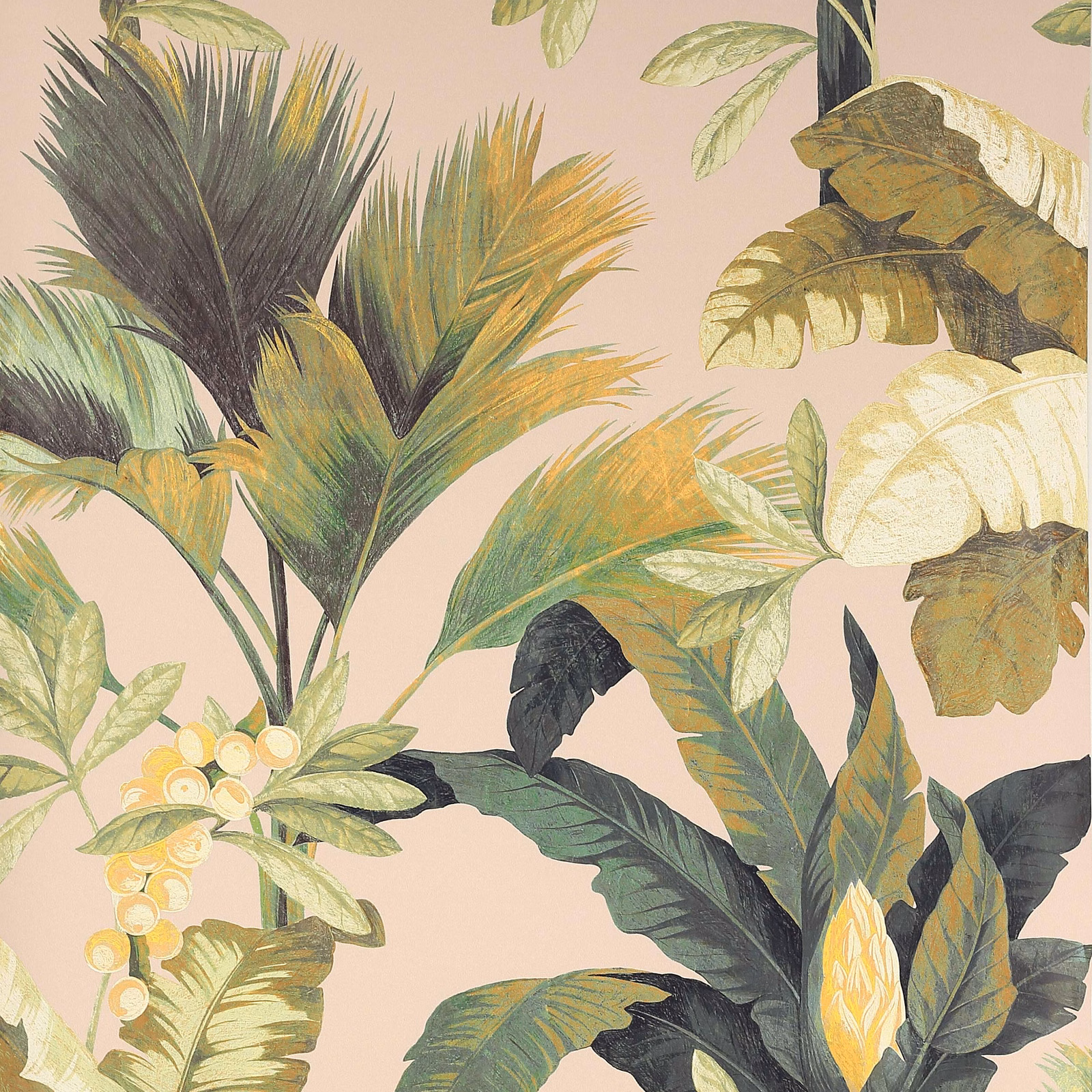 Soft peach wallpaper with oversized tropical leaves in olive, sage, ochre and charcoal