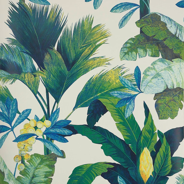Deep green and teal tropical foliage with yellow accents on a pale ground