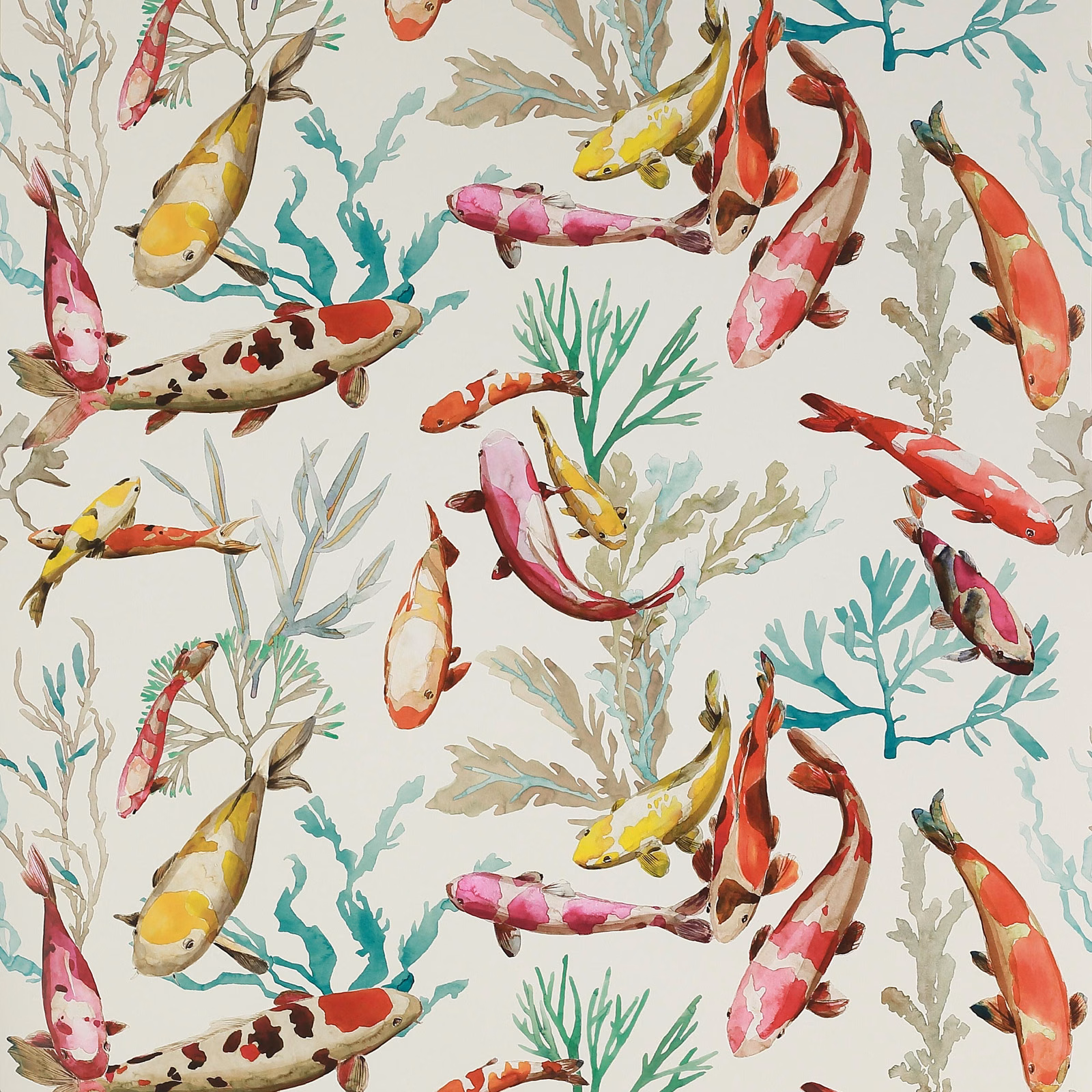 Colourful koi fish and turquoise coral branches on a warm ivory wallpaper ground