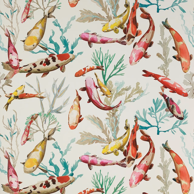 Colourful koi fish and turquoise coral branches on a warm ivory wallpaper ground