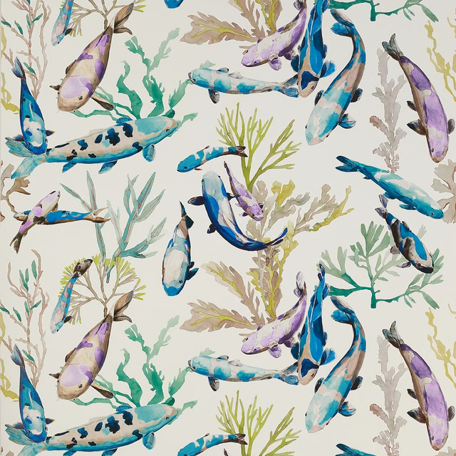 Turquoise and lilac fish swimming among painterly seaweed on a pale wallpaper ground