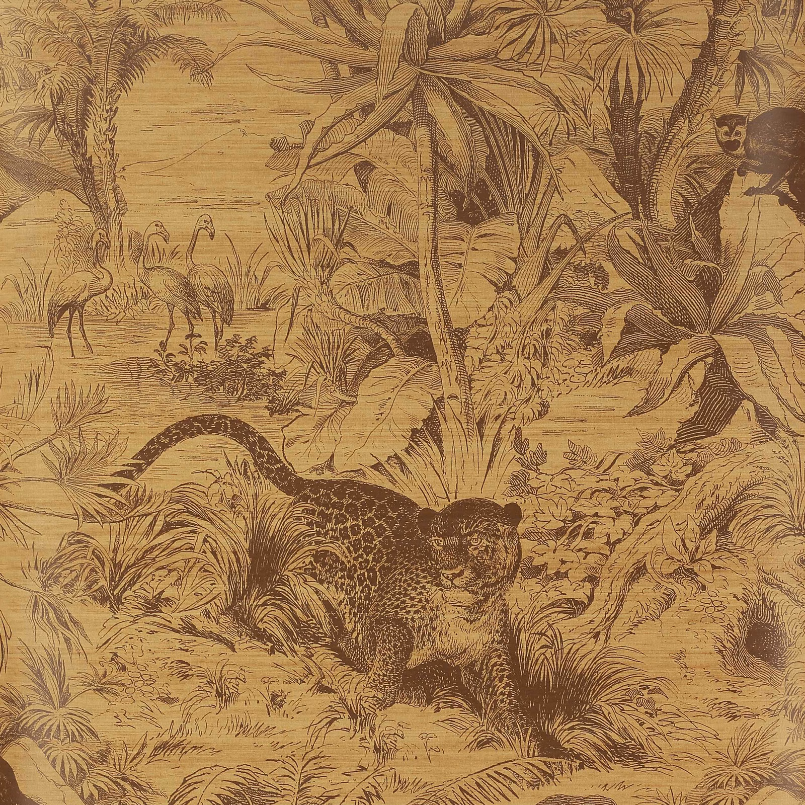 Warm ochre jungle wallpaper with sepia leopard, palms and dense engraved foliage
