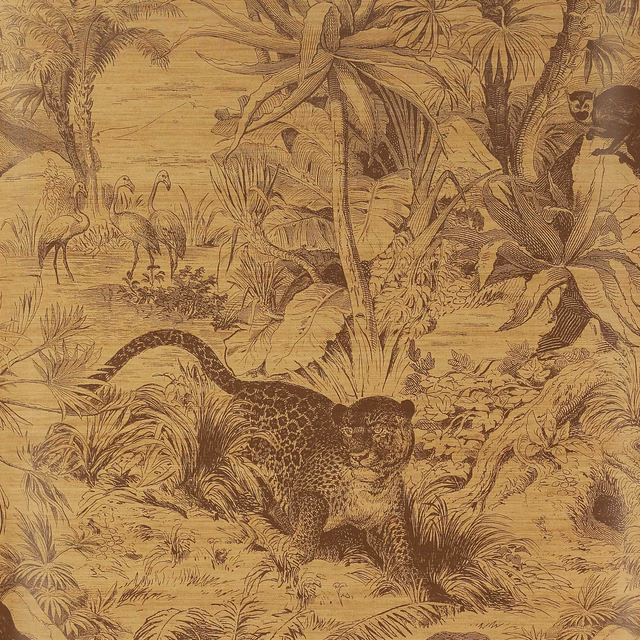 Warm ochre jungle wallpaper with sepia leopard, palms and dense engraved foliage
