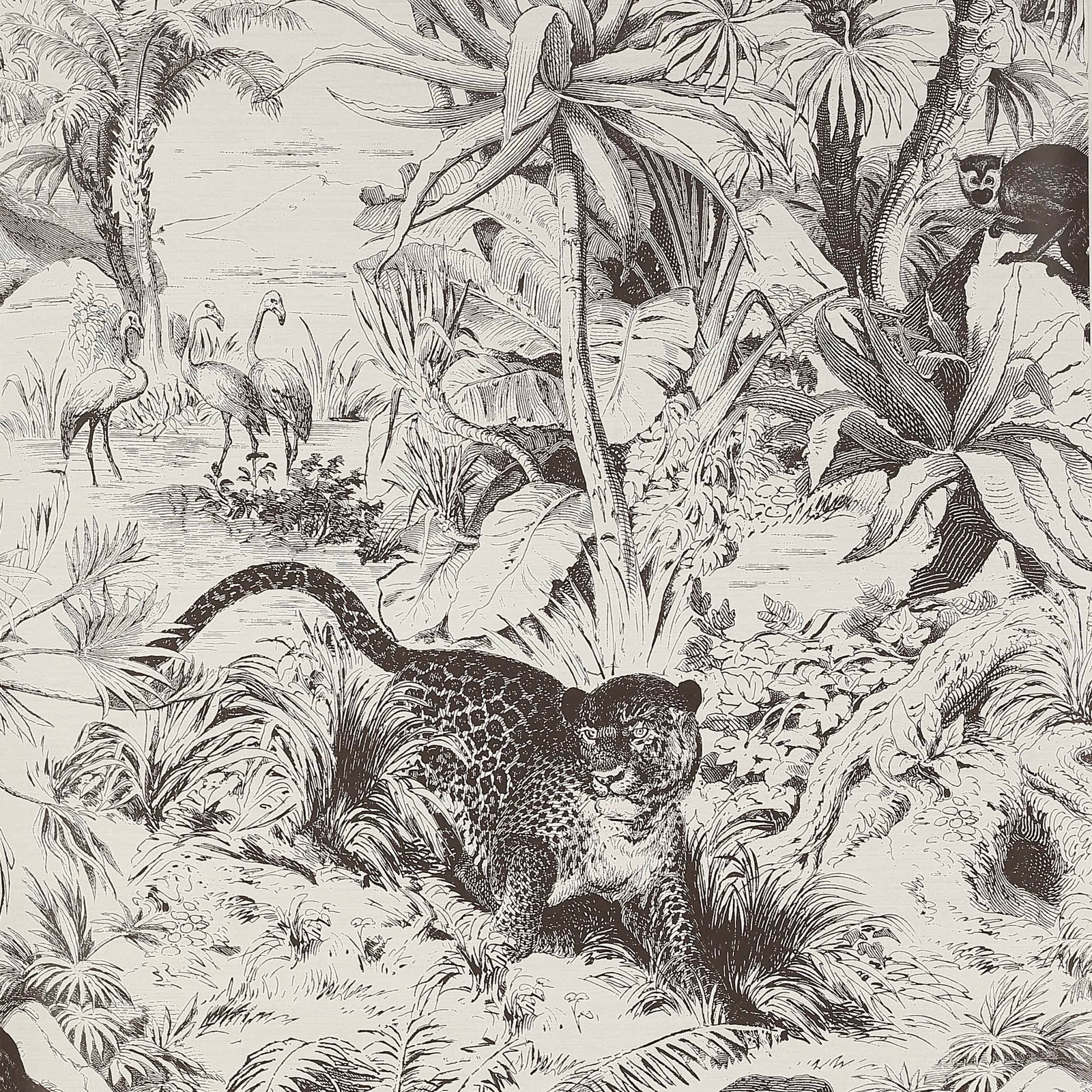 Graphite-grey jungle wallpaper with spotted leopards, flamingos and dense ivory foliage