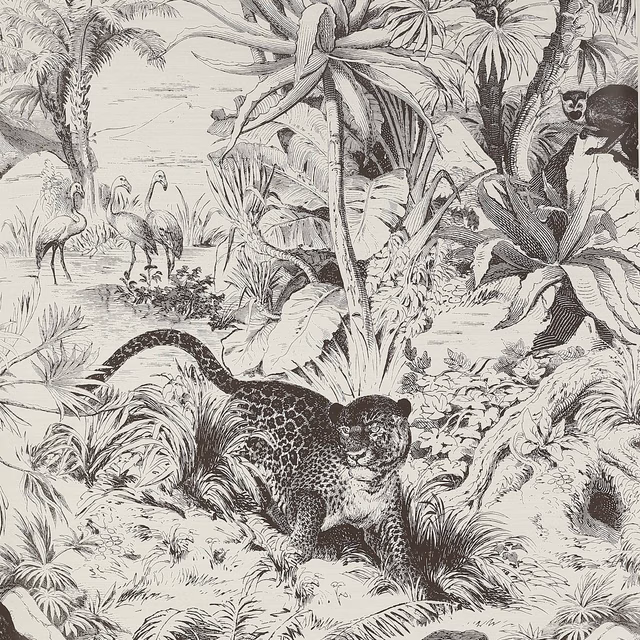 Graphite-grey jungle wallpaper with spotted leopards, flamingos and dense ivory foliage