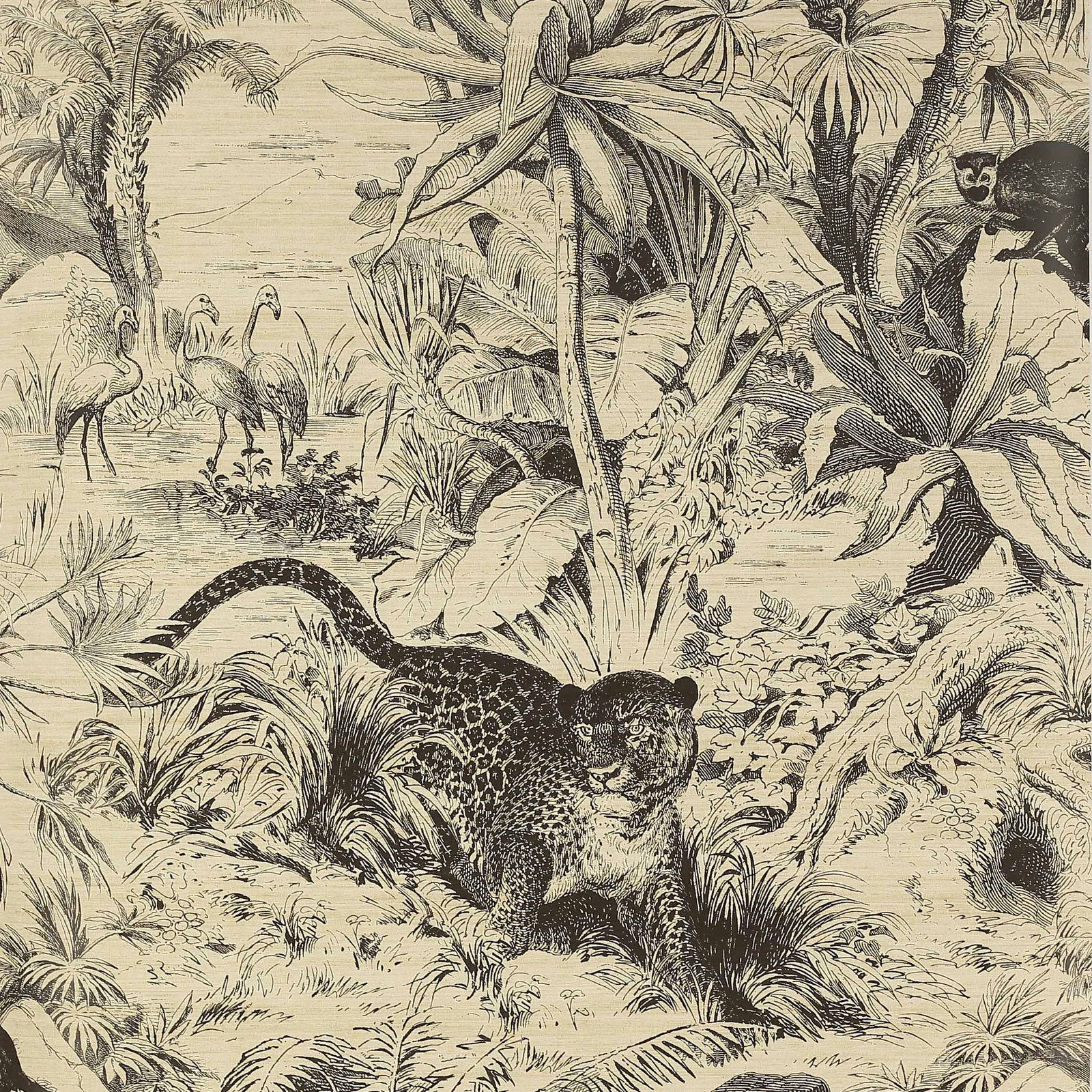 Aged cream wallpaper with charcoal jungle foliage, monkeys, flamingos and a patterned snake