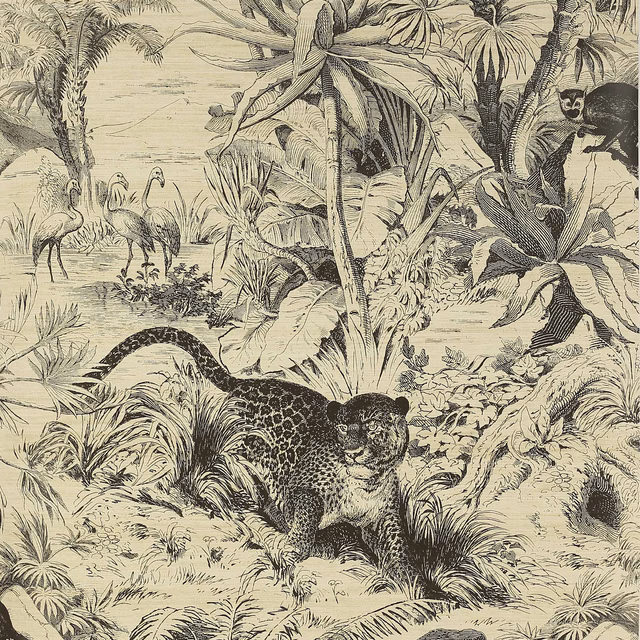 Aged cream wallpaper with charcoal jungle foliage, monkeys, flamingos and a patterned snake