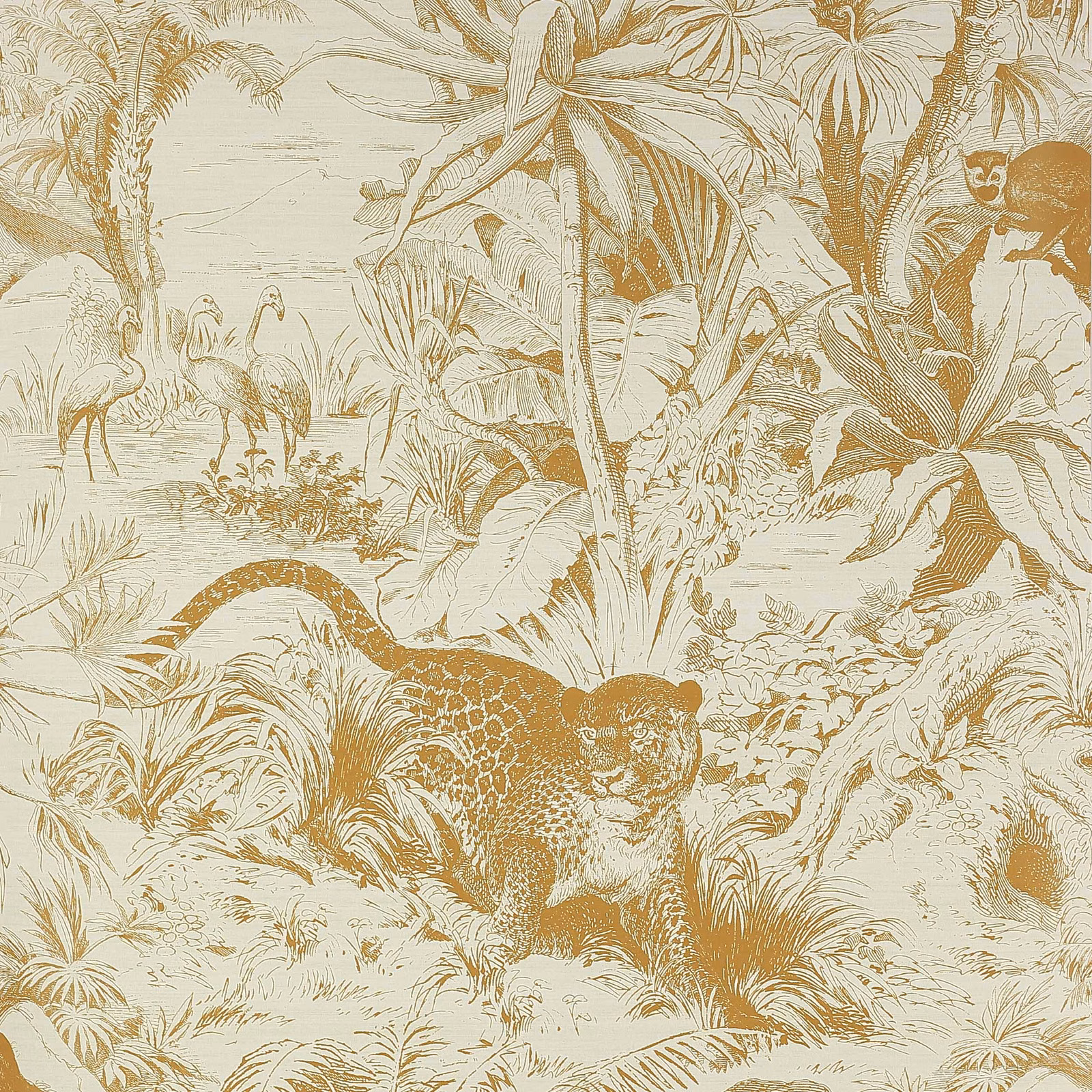 Warm ochre jungle scene with leopards, birds and cream botanical ground