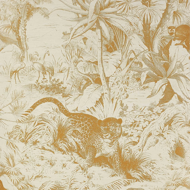 Warm ochre jungle scene with leopards, birds and cream botanical ground