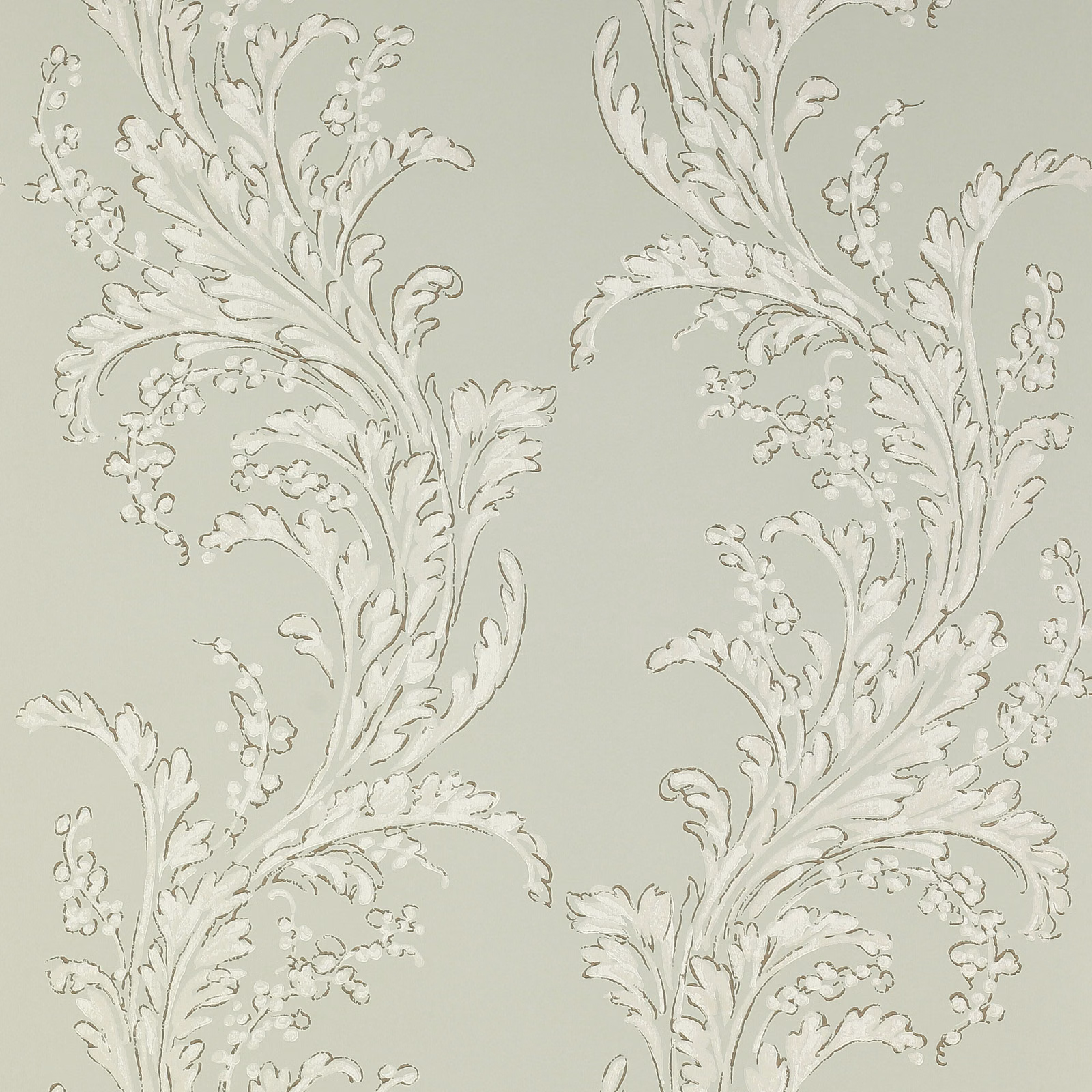 Pale celadon wallpaper with ivory acanthus sprays and delicate blossom clusters
