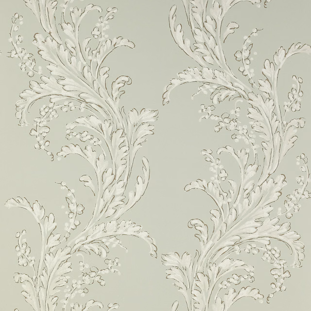 Pale celadon wallpaper with ivory acanthus sprays and delicate blossom clusters