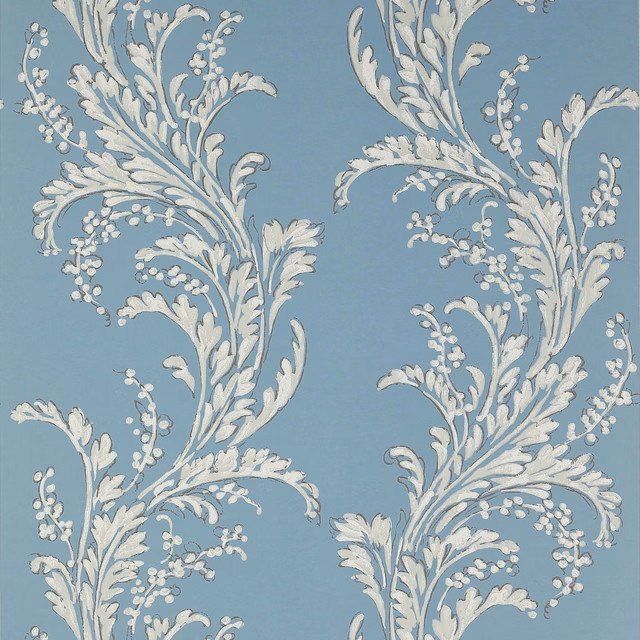Muted powder-blue wallpaper with ivory leafy sprays, curling stems and small berry clusters