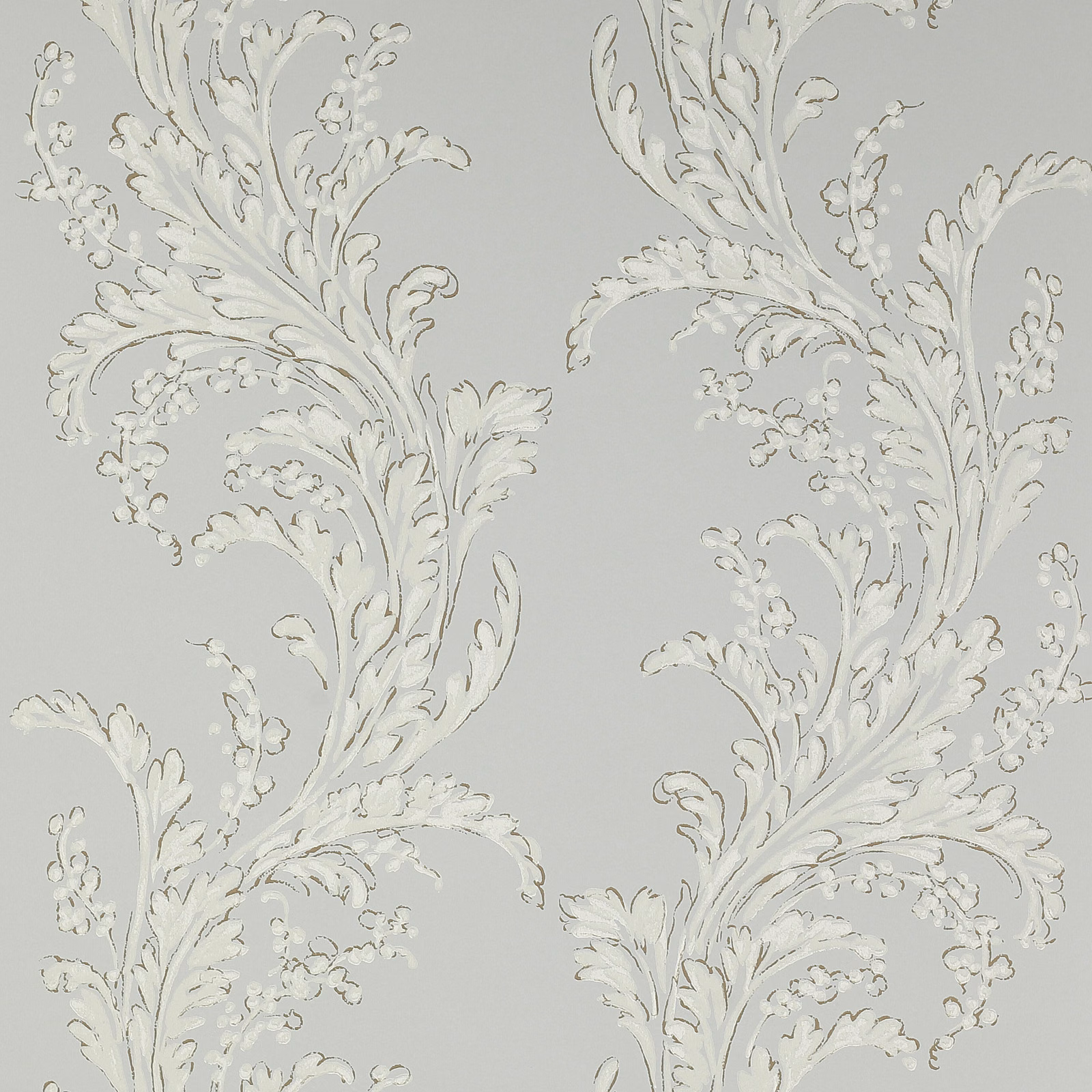 Cool blue-grey wallpaper with ivory scrolling foliage and delicate floral clusters