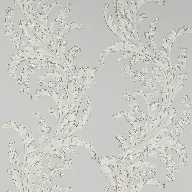 Cool blue-grey wallpaper with ivory scrolling foliage and delicate floral clusters