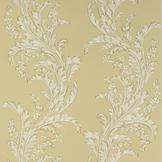 Muted ochre wallpaper with sweeping ivory acanthus foliage and delicate sprigs
