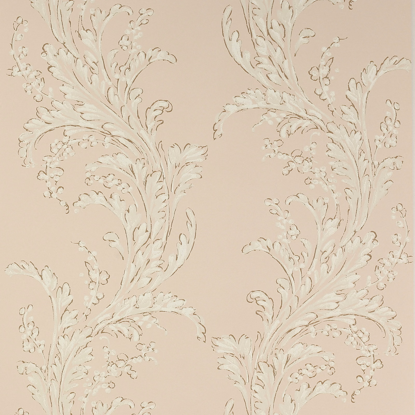 Dusty rose wallpaper with ivory scrolling acanthus leaves and floral sprays