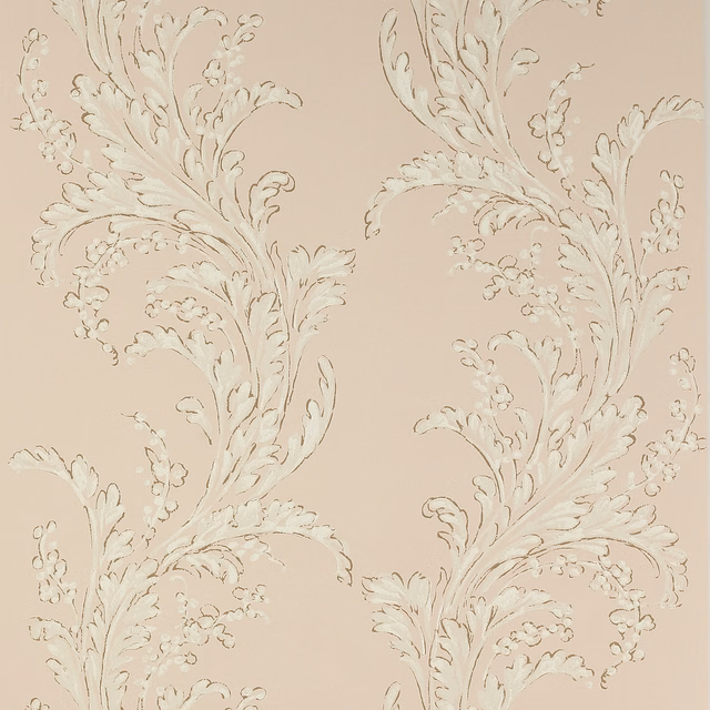 Dusty rose wallpaper with ivory scrolling acanthus leaves and floral sprays