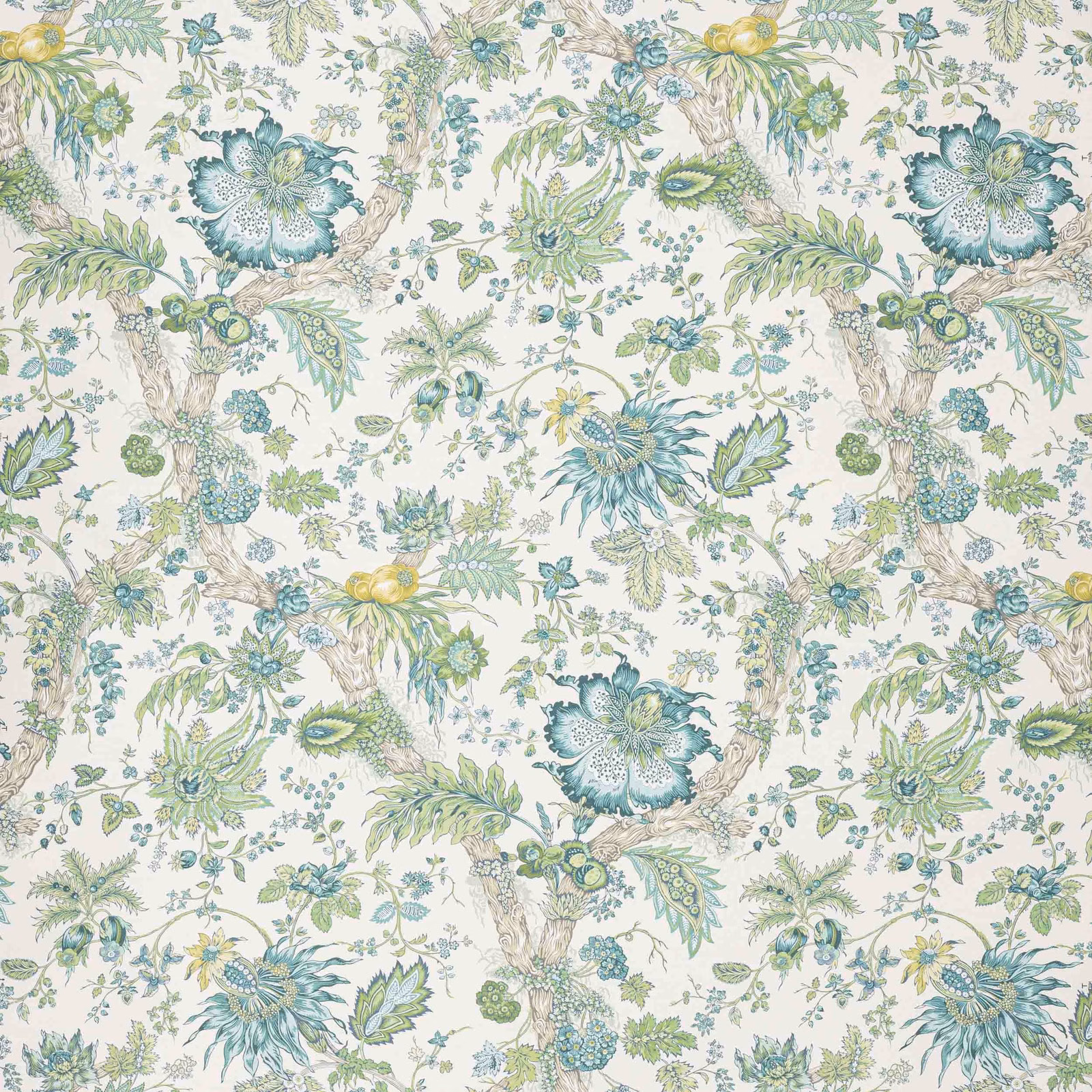 Pale celadon wallpaper with blue-green flowers, leafy branches and cream ground