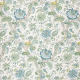 Pale celadon wallpaper with blue-green flowers, leafy branches and cream ground