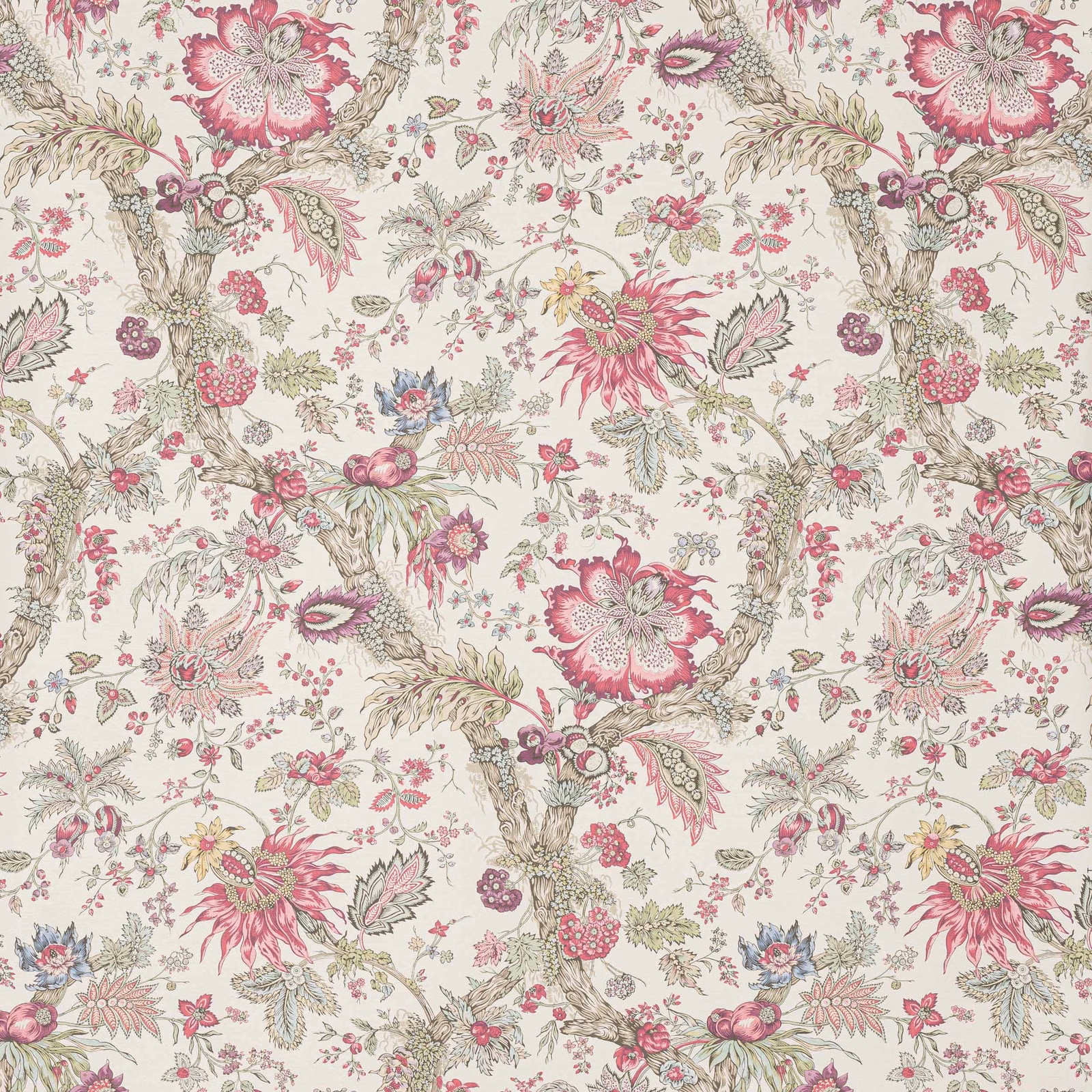 Cerise and pink botanical flowers with sage foliage on a cream wallpaper ground