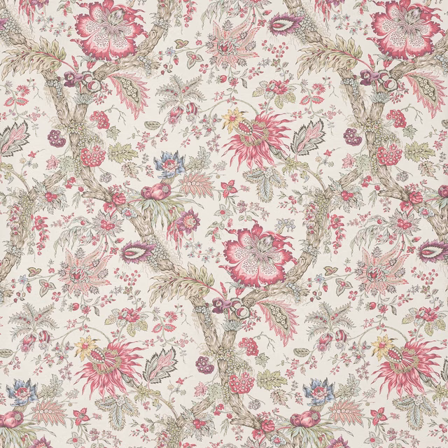 Cerise and pink botanical flowers with sage foliage on a cream wallpaper ground