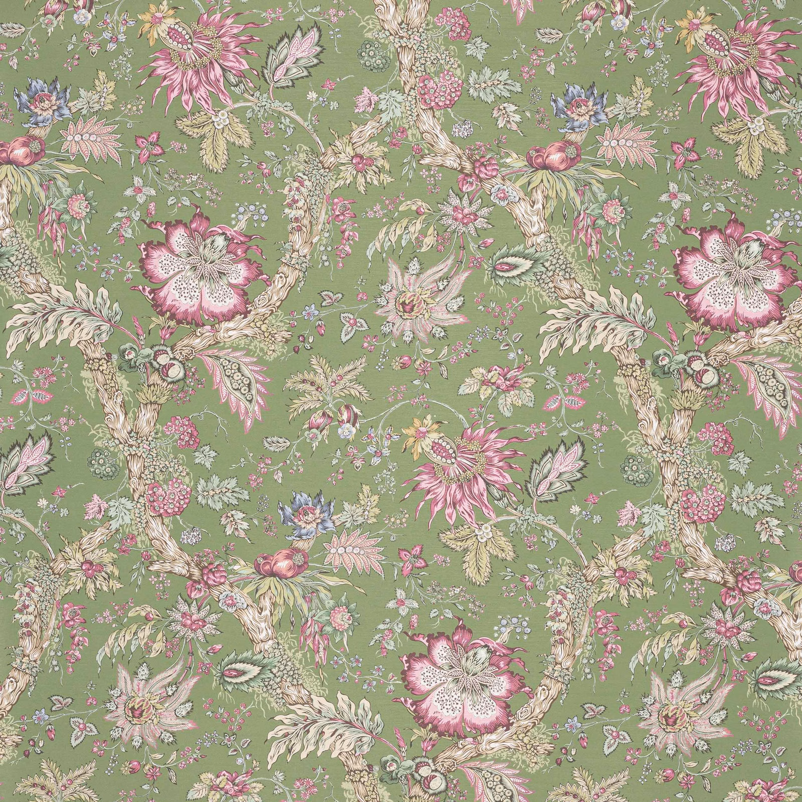 Sage-green botanical wallpaper with pink flowers, cream branches and lilac-blue accents