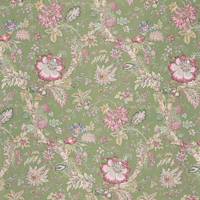 Sage-green botanical wallpaper with pink flowers, cream branches and lilac-blue accents