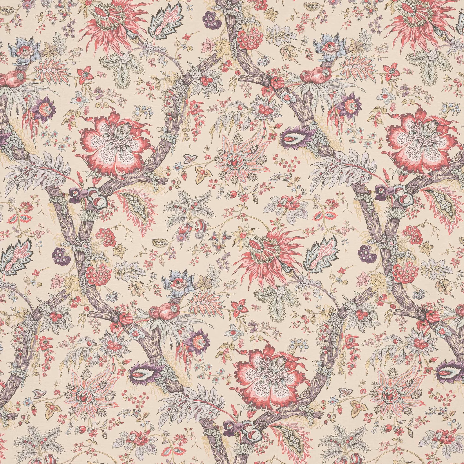 Cream wallpaper with large muted pink flowers, twisting branches and fine botanical detail