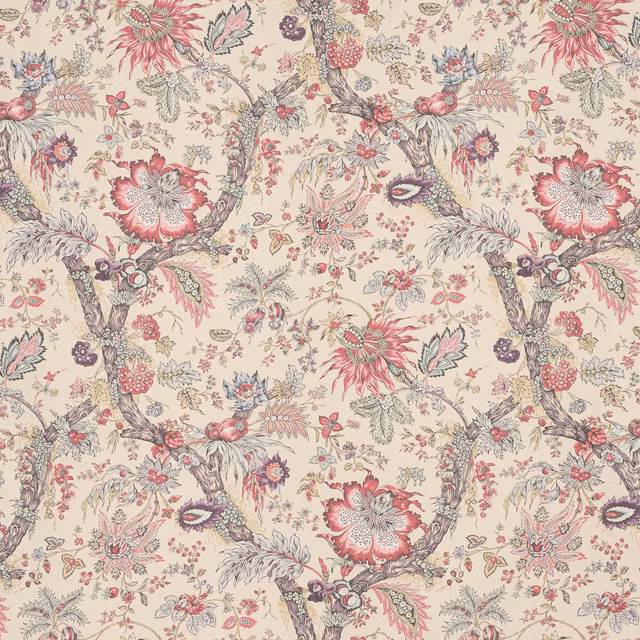 Cream wallpaper with large muted pink flowers, twisting branches and fine botanical detail