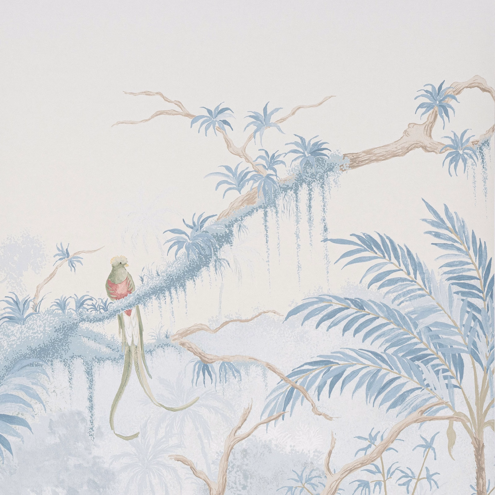 Pale blue scenic jungle wallpaper with palms, foliage, bare branches and a parrot