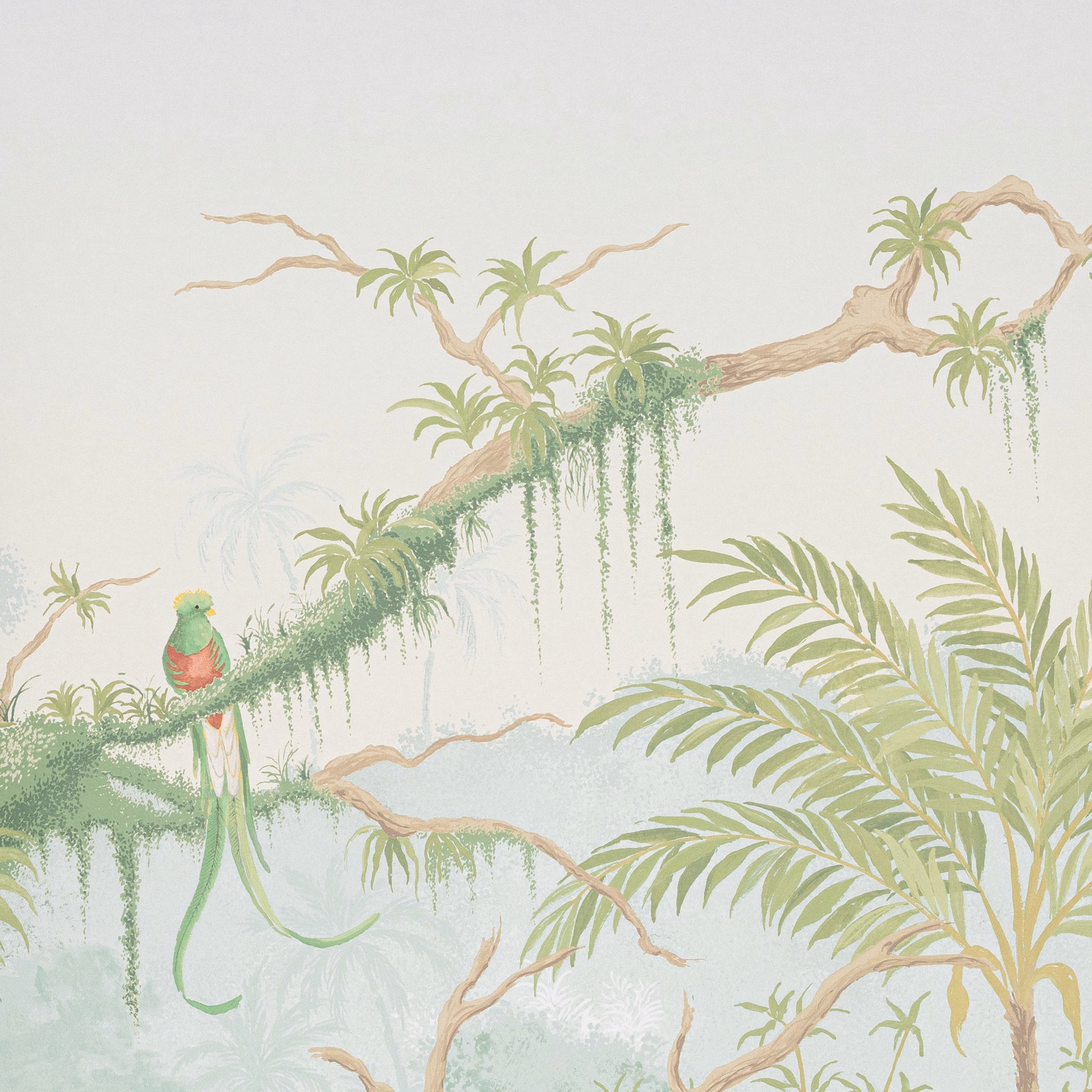 Pale aqua jungle wallpaper with sage palms, trailing vines, tan branches and a red-green bird