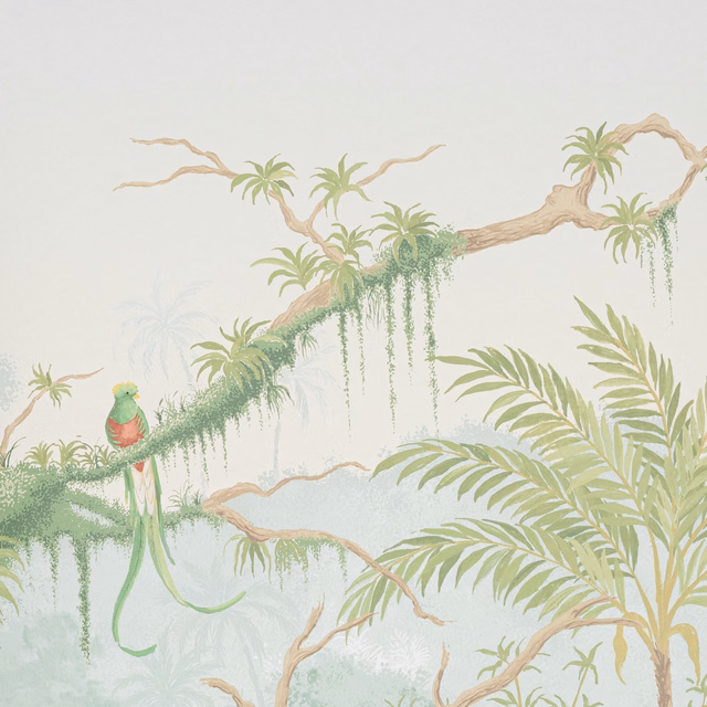 Pale aqua jungle wallpaper with sage palms, trailing vines, tan branches and a red-green bird